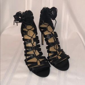 Black lace up high heel sandals